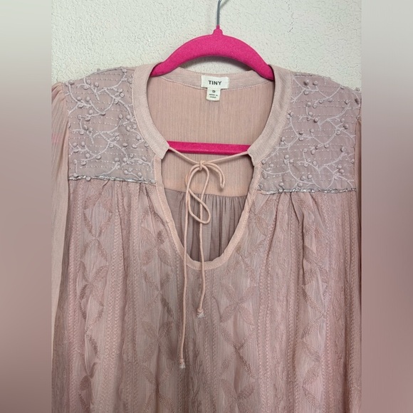 Tiny Anthropologie Blush Pink Embroidered Chiffon Long Sleeve Peasant Blouse S - Picture 4 of 12
